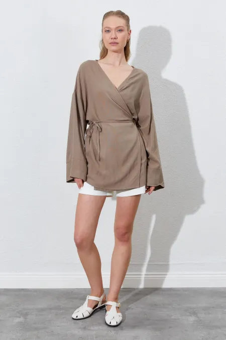 Women's Earth-Colored Double-Breasted Collar Drawstring Jacket