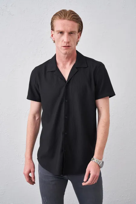 Chemise noire à manches courtes pour homme, en tissu ottoman, col Apache