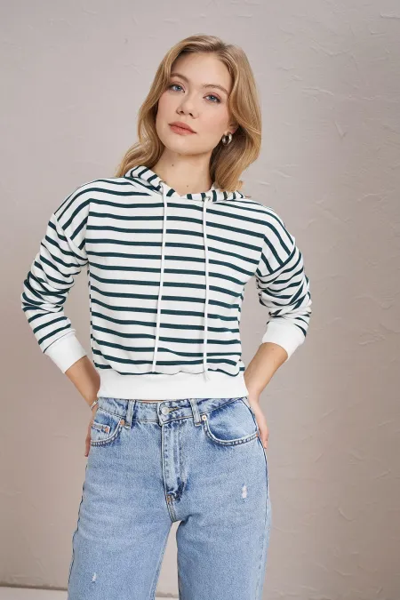 Women's Olive Green Three-Thread Striped Hooded Crop Sweatshirt