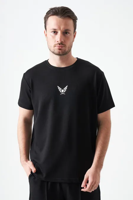 T-shirt noir à col rond en modal pour homme avec imprimé aigle