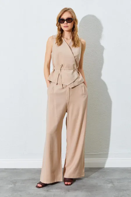 Kadın Vizon Kruvaze Yelekli Biye Bağlamalı Palazzo Pantolonlu Takım