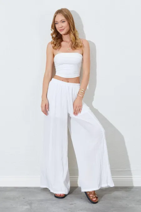 Kadın Ekru Beli Lastikli Bol Paça Kırışık Pantolon