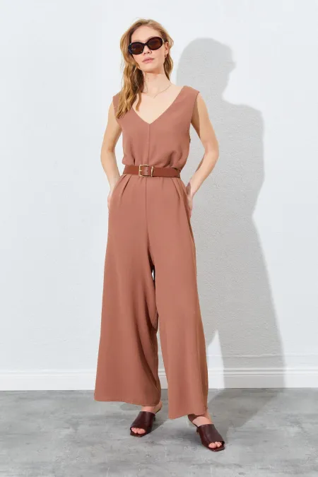 Kadın Mocha Sırtı Çapraz Bol Kesim Krep Tulum