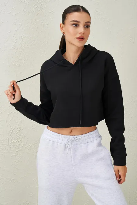Women's Black Hooded Skirt with Messy Stitching Crop Sweatshirt