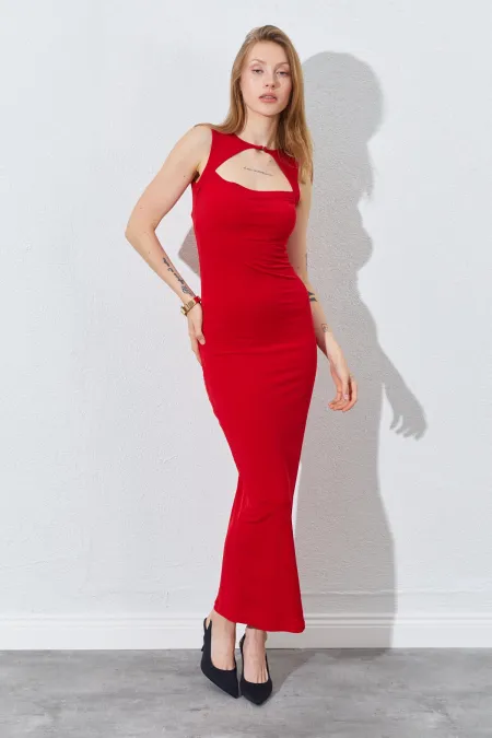 Kadın Kırmızı Önü Pencere Detaylı Elbise