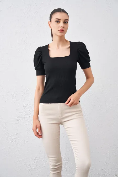 Kadın Siyah Balon Kol Kare Bürümcük Kumaş Bluz