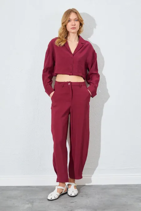 Kadın Bordo Paça Düğmeli Modal Kumaş Pantolon