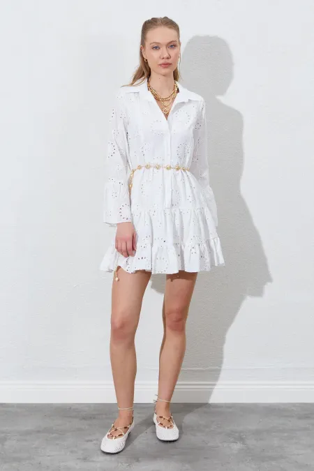 Kadın Ekru Fistolu Gömlek Elbise