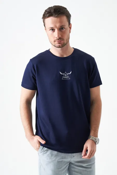 T-shirt décontracté en modal imprimé bleu marine à col rond pour homme