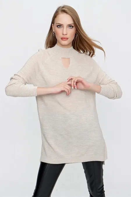 Kadın Taş Melanj Önü Pencereli Triko Kazak