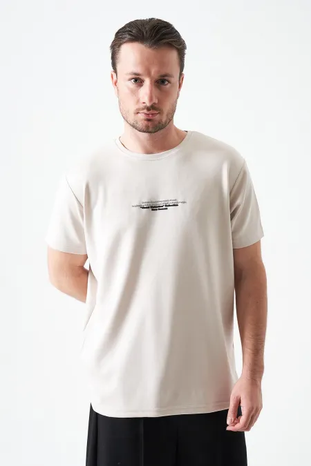 T-shirt beige à col rond pour homme en modal avec imprimé REFRESH