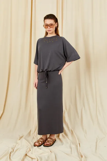 Kadın Antrasit 164 Reglan Kollu Etek Ucu Bağlama Bluzlu Etekli Modal Takım