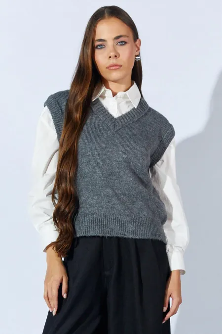 Kadın Antrasit V Yakalı Basic Süveter