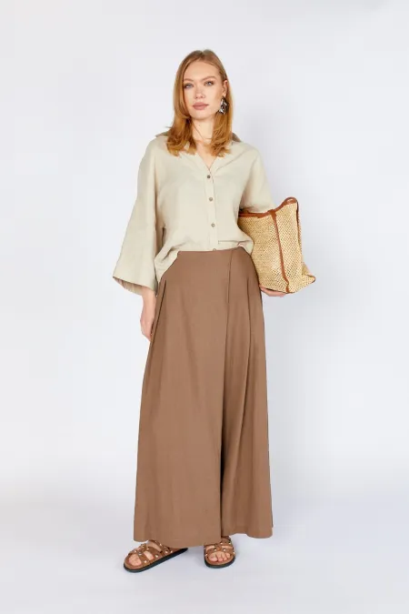 Kadın Kahve Anvelop Model Keten Pantolon