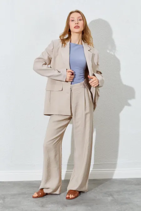 Kadın Taş Blazer Ceketli Palozzo Modal Pantolonlu Takım