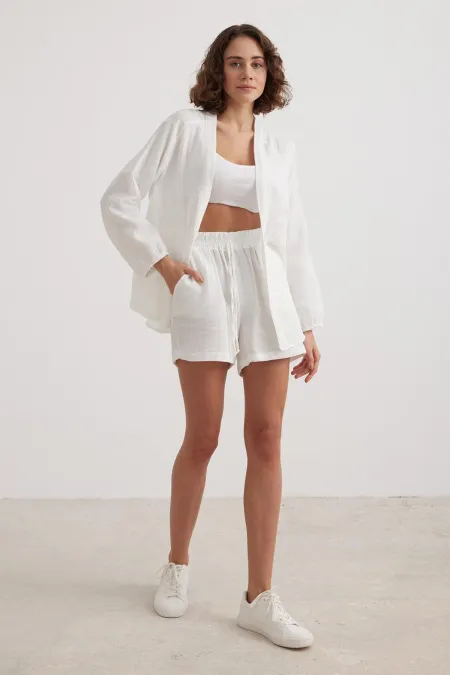 Kadın Ekru Beli Lastikli Müslin Şort