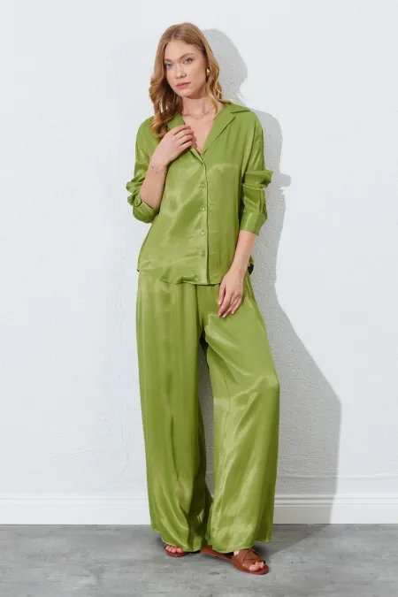 Kadın Yağ Yeşili Beli İnce Lastik Detaylı Saten Pantolon