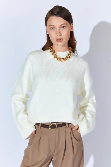 Kadın Krem Bisiklet Yaka Basic Triko Kazak