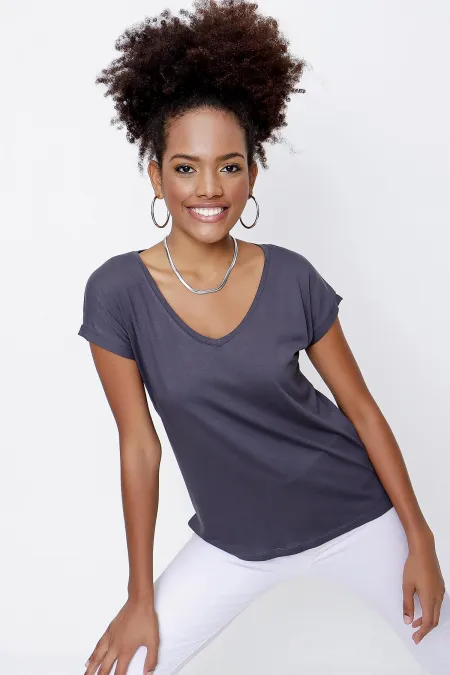 T-shirt ample à col en V gris fumé pour femme