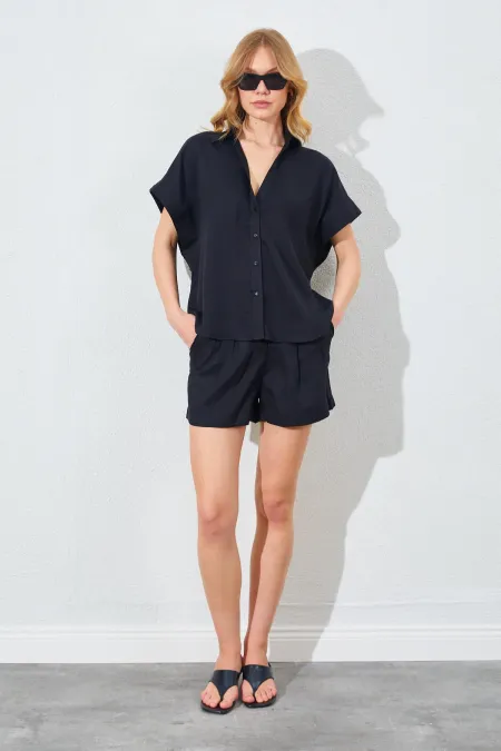 Kadın Siyah Oversize Düşük Kol Gömlek Şortlu Takım