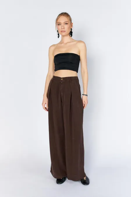 Women's Coffee YP5115 Double Pleated Wide Leg Tencel Trousers