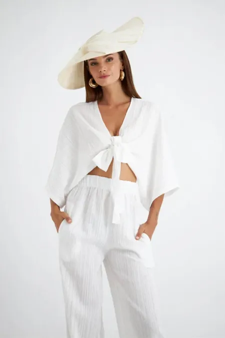 Kadın Ekru Yarasa Kol Ön Bağlamalı Gömlek