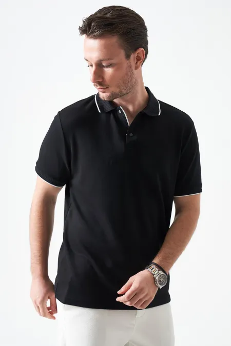 T-shirt homme noir à col boutonné en piqué modal