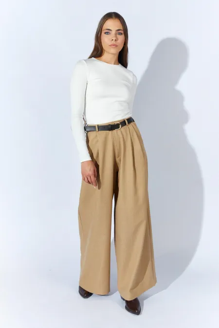 Kadın Bej Beli Kalın Kemer Palazzo Pantolon