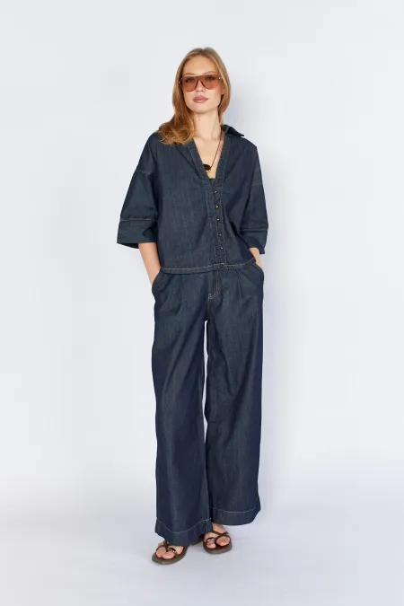 Kadın Rins Yıkama Gömlek Yaka Dirsek Kollu Gömlek Pantolonlu Jean Takım