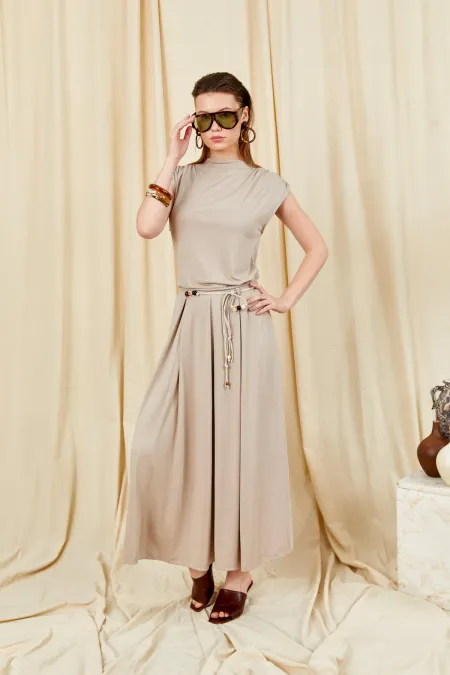 Kadın Vizon 117 Omuz Drapeli Pileli Uzun Etekli Takım