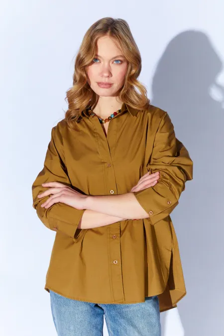 Kadın Haki Önü Kısa Arkası Uzun Oversize Poplin Gömlek