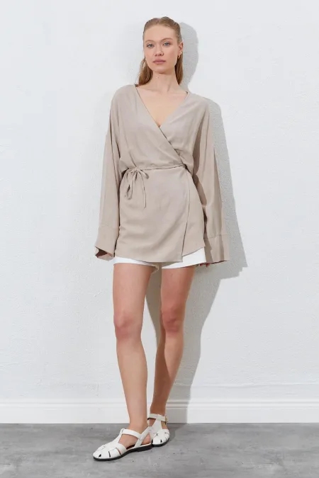 Women's Dark Beige Double-Breasted Drawstring Jacket