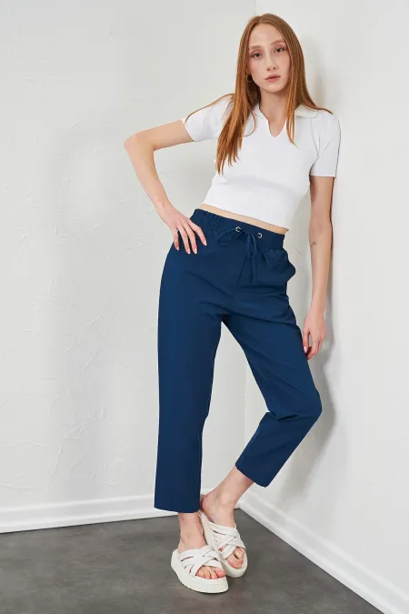 Kadın İndigo Beli Bağlamalı Havuç Paça Poplin Pantolon