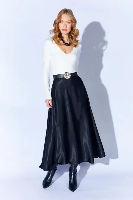 Jupe longue en satin noir ceinturée pour femme 3499
