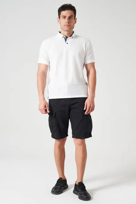Short cargo noir en maille pour homme avec taille côtelée