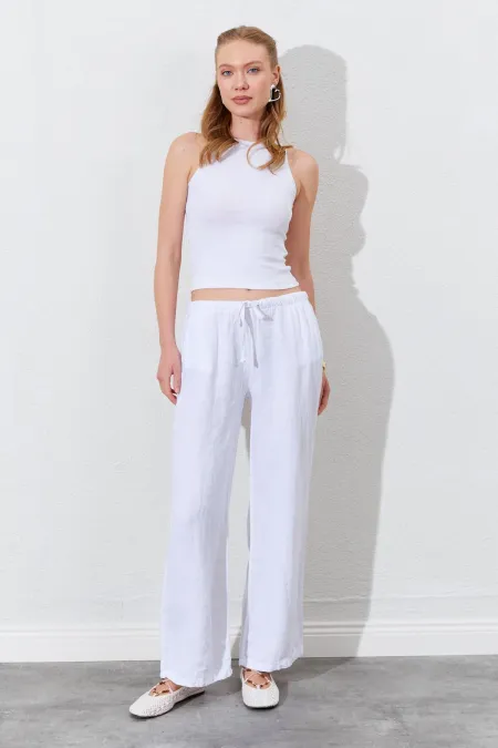Women's White Linen Wide Leg Trousers with Drawstring Waist and Side Pockets Women's White Linen Wide Leg Trousers with Drawstring Waist and Side Pockets