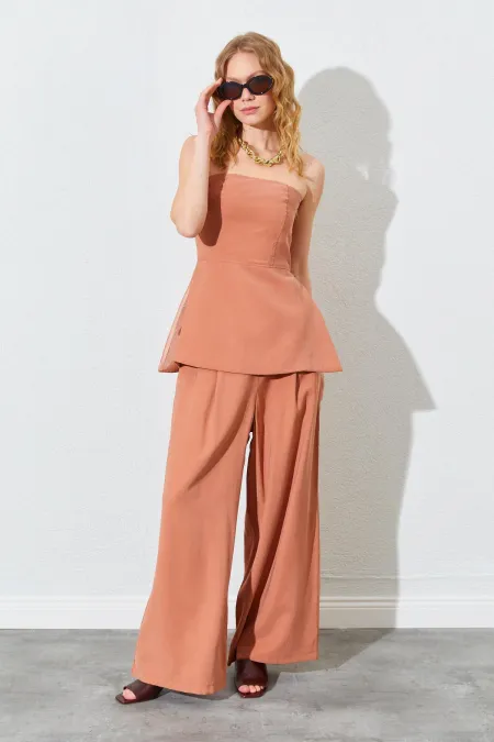 Kadın Kiremit Straplez Bluzlu Palazzo Pantolonlu Takım