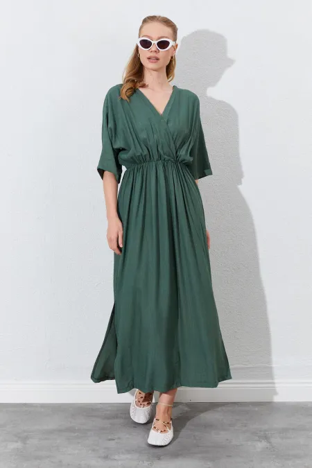 Kadın Haki Düşük Kol Yanları Yırtmaçlı Uzun Elbise