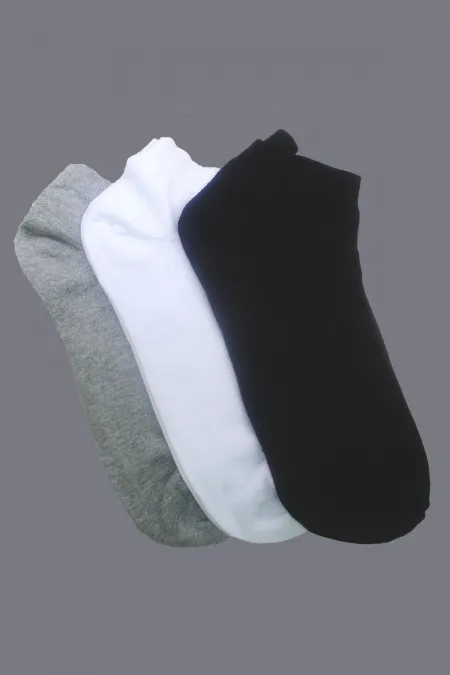 Erkek Siyah-Beyaz-Gri 3'lü Basic Patik Çorap