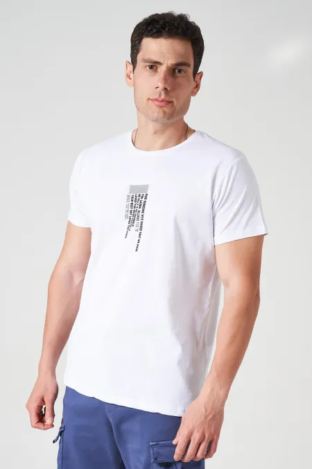 Erkek Beyaz Bisiklet Yaka Orıgınal Enjeksiyon Baskılı Tişört