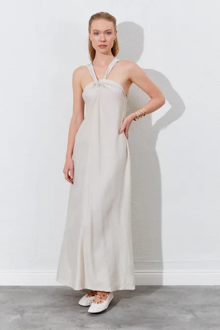 Kadın Taş Önü Düğüm Detaylı Kolsuz Elbise