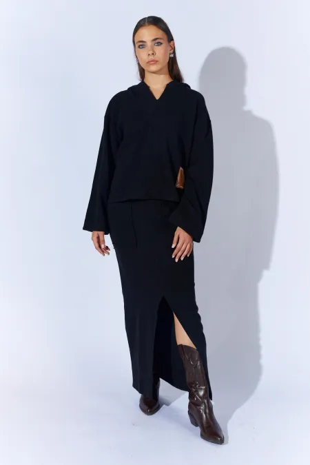 Kadın Siyah V Yaka Kapşonlu Yırtmaçlı Etek Selanik Takım