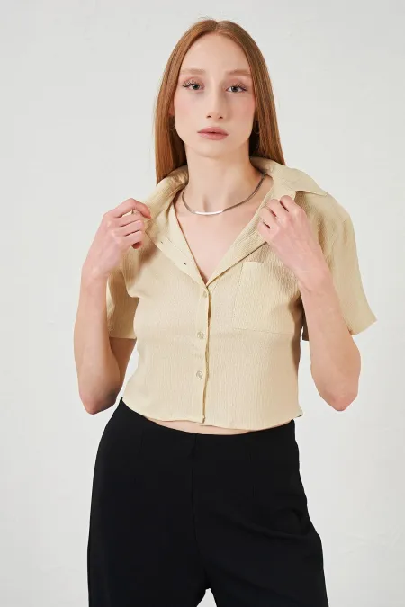 Kadın Taş Bürümcük Tek Cep Crop Gömlek