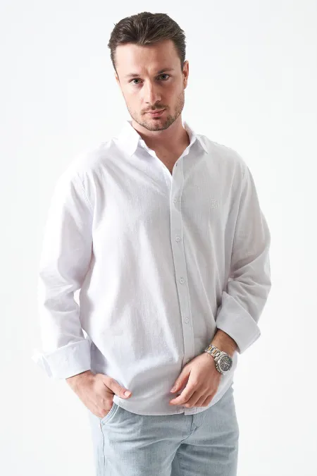 Erkek Beyaz Uzun Kol Basic Pamuk Flam Regular Gömlek