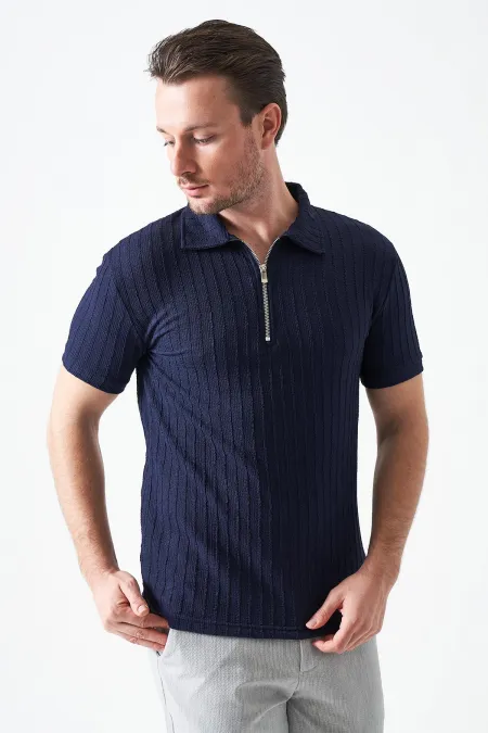 T-shirt homme bleu marine à col montant et fermeture éclair, en jacquard épais