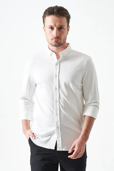 Erkek Ekru Uzun Kol Ripaş Dalgıç Slim Fit Gömlek