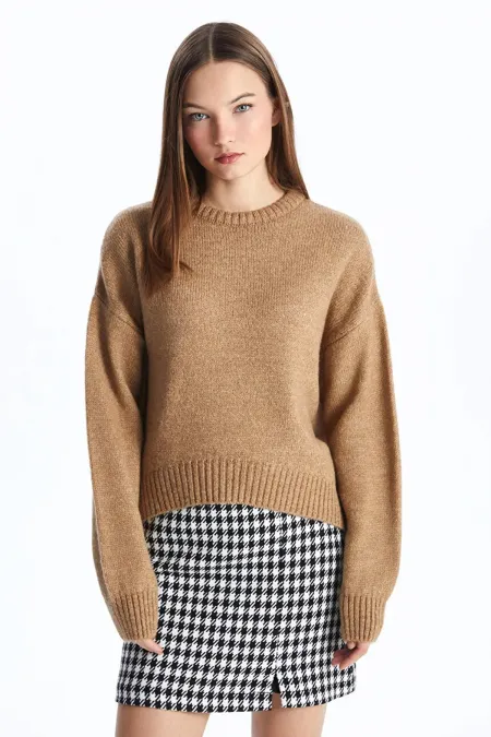 Kadın Vizon Bisiklet Yaka Kalın Manşetli Basic Kısa Şardonlu Triko Kazak