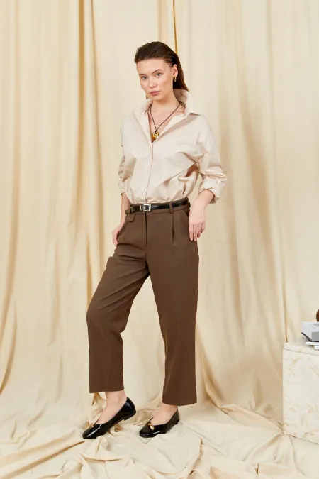 Women's Light Brown 3523 Pocket-Look Double Welt Belted Jogger Pants