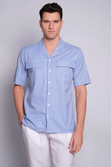Chemise rayée à manches courtes pour homme, couleur pétrole, avec poches à rabat