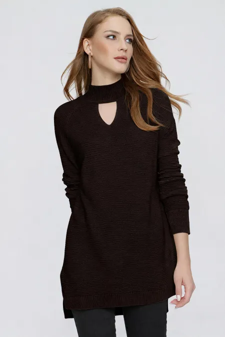 Kadın Kahve Önü Pencereli Triko Kazak